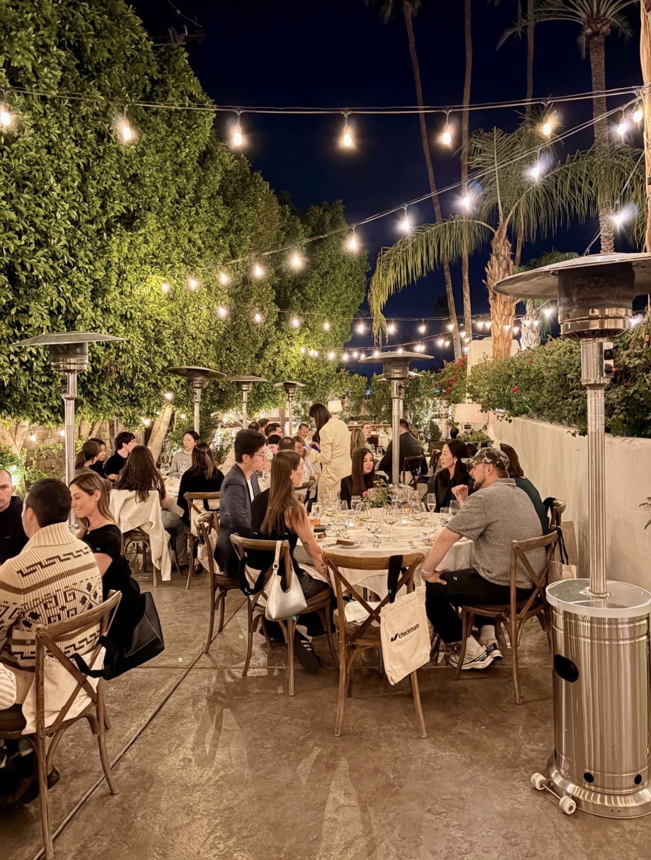 Outdoor evening dinner under string lights
